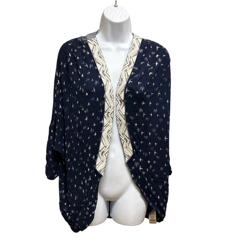 Miss Me Blue Off White Open Front Embroidered Trim Cardigan Size M